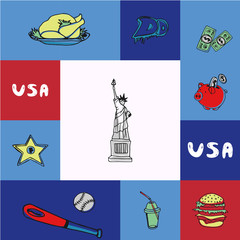 Checkered concept in american national colors with country related symbols. Statue of Liberty, hamburger, street graffiti, soda, baseball, piggy bank, hollywood star, dollar bills drawn vector icons