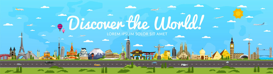 Discover the World poster with famous attractions vector illustration. Torii Gate, Statue of Liberty, Big Ben, Fujiyama, Eiffel Tower, Buddha statue and other. Worldwide traveling, time to travel © studioworkstock