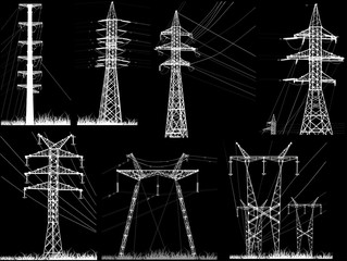 set of white seven isolated electric pylons with wares