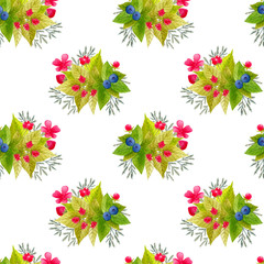 Watercolor seamless pattern with hand painted forest plants, mushrooms, leaf and berries.in bright cartoon style