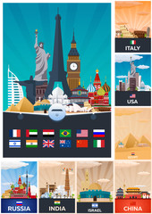Big Collection of Travel posters to country. Vecor Flat illustration.