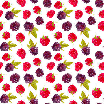 Seamless pattern with blackberries and raspberries. Colorful illustration. Watercolor handpainted texture on white background for wallpaper, blogs,cover