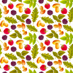 Seamless pattern with mushrooms, raspberries, blackberries and acorns. Colorful illustration