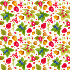 Seamless pattern with raspberries, blueberries and acorns