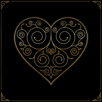 Valentines Day heart. line art vintage golden love or wedding symbol of floral swirl elements. Vector illustration