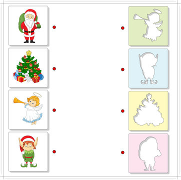 Christmas angel, Santa, elf and new year tree. Educational game