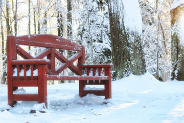 wood bench in winter