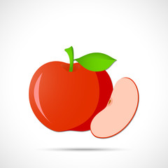 Red apple with leaf and with sliced lobule. Fruit icon.