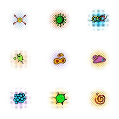 Bacteria icons set, pop-art style