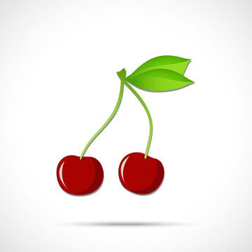 Ripe red cherry berries with leaves. Fruit icon.