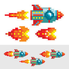 Pixel rocket with flame. Different phases of pixel flame for animation. Old school arcade game design. Video game retro style. Space level.