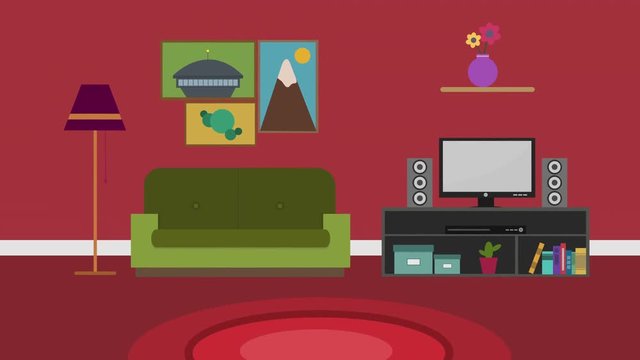 Cartoon Modern colorful Living room Animation with space for your text or logo, cool vector typical Living room background, 4k. rest and relax concept. sweet home.