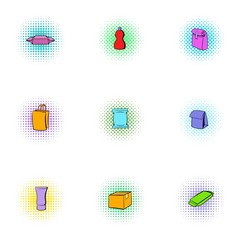 Container icons set, pop-art style