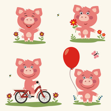 Vector set funny piggy plays in the meadow. Collection isolated piggy on bicycle, with balloon and flower in cartoon style.