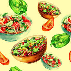 Watercolor Vintage seamless pattern with drawing in a bowl of salad, vegetables, tomatoes, bell peppers, eggplant, greens.