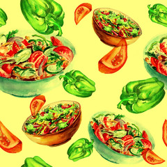 Watercolor Vintage seamless pattern with drawing in a bowl of salad, vegetables, tomatoes, bell peppers, eggplant, greens.