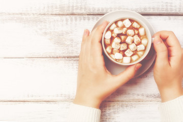 Female hands with cup of hot cocoa with marshmallows, vintage style, retro toned