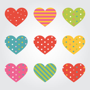 Happy Valentine's Day - set of  colorful hearts with polka dot, stripe and ornament pattern.