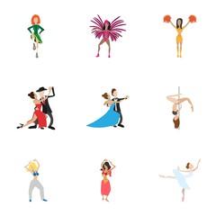 Kind of dances icons set, cartoon style