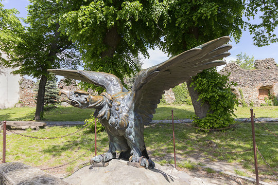 Bronze eagle statue in the courtyard of the castle of Uzhgorod.