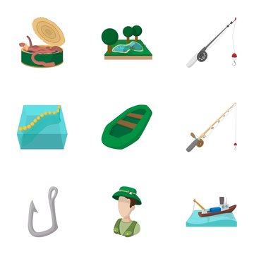 Fishing icons set, cartoon style