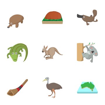 Attractions of Australia icons set, cartoon style