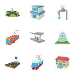 Building icons set, cartoon style