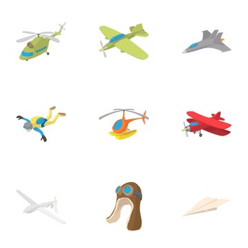 Air transport icons set, cartoon style