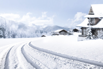 winter road and snow with frost 