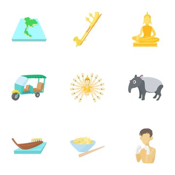 Thailand icons set, cartoon style