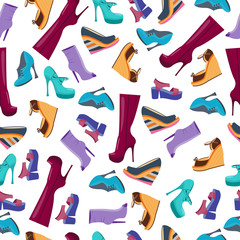 Seamless pattern of shoes and boots. Background for wrapping paper and sales packages. Vector illustration. Cartoon flat style