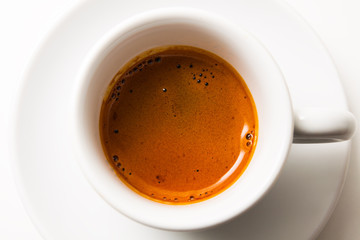 top view a cup of fresh espresso coffee, close-up