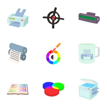Printing services icons set, cartoon style