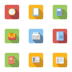 Office supplies icons set, flat style