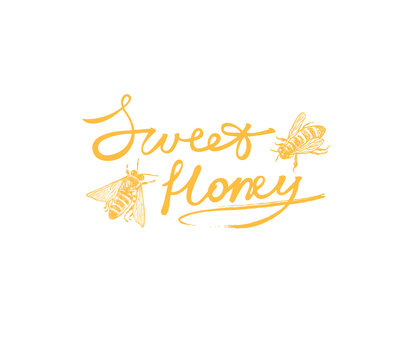 Sweet honey logotype with  bees. Vector hand drawn illustration.