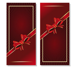 Dark red background with ribbon and bow for festive events. Set flyers template. Maroon romantic retro background with red ribbon and bow. Vector illustration