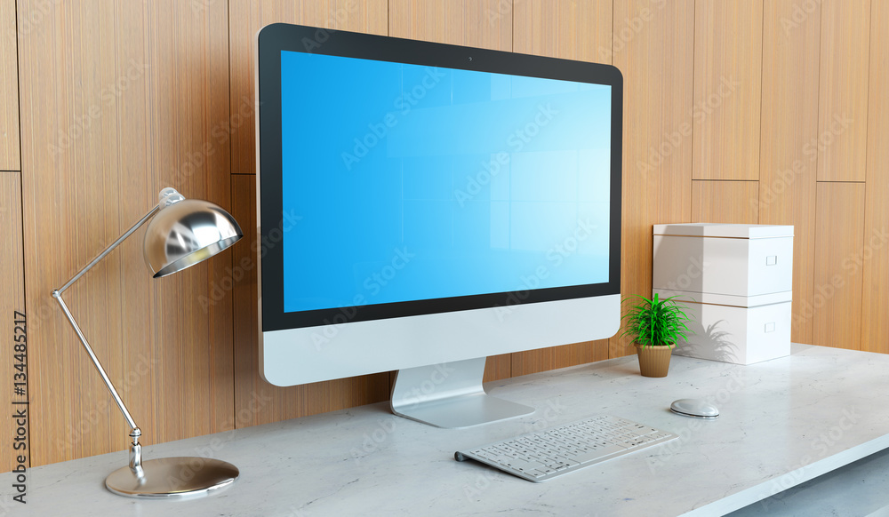 Poster Modern desktop interior with silver computer 3D rendering