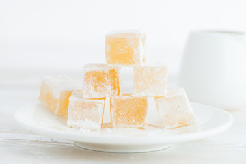 Eastern sweets Turkish delight on a white background closeup