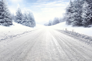 winter road and snow with frost 