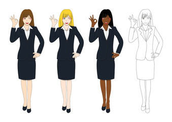 Set Cute Business Woman Showing OK Hand Sign. Full Body Vector Illustration isolated on White Background