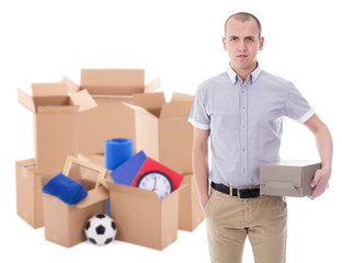 moving day concept - man with brown cardboard boxes with stuff i