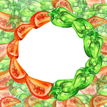 Watercolor Vintage frame drawn vegetables - slice of tomato,  and sweet pepper