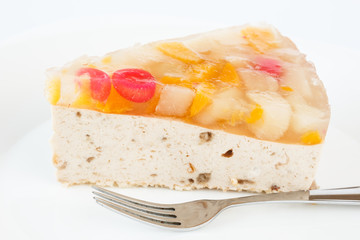 Delicious parfait cake with fruits and jelly icing