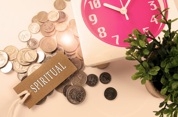 Red clock,coins,green plant and bookmark with time management conceptual text. Lens flare and...