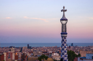 Panorama view of Barcelona from the top, sunset.