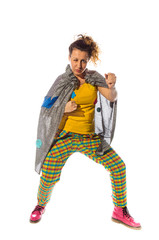 Woman animator in fany suit preparing for engaged with children