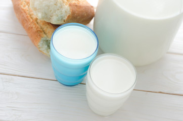 Bank and two cups with milk and baguette on table