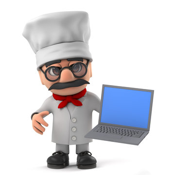 3d Funny cartoon Italian pizza chef character holding his laptop