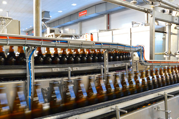 Bierflaschen auf dem Fliessband einer Brauerei // Beer bottles on the conveyor belt of a brewery