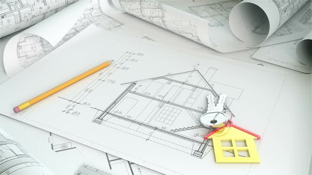 Plans for a new apartment. 3 Videos fo dropping house keys on a house plan blueprint concept for new house, and one video falling keys with mask.